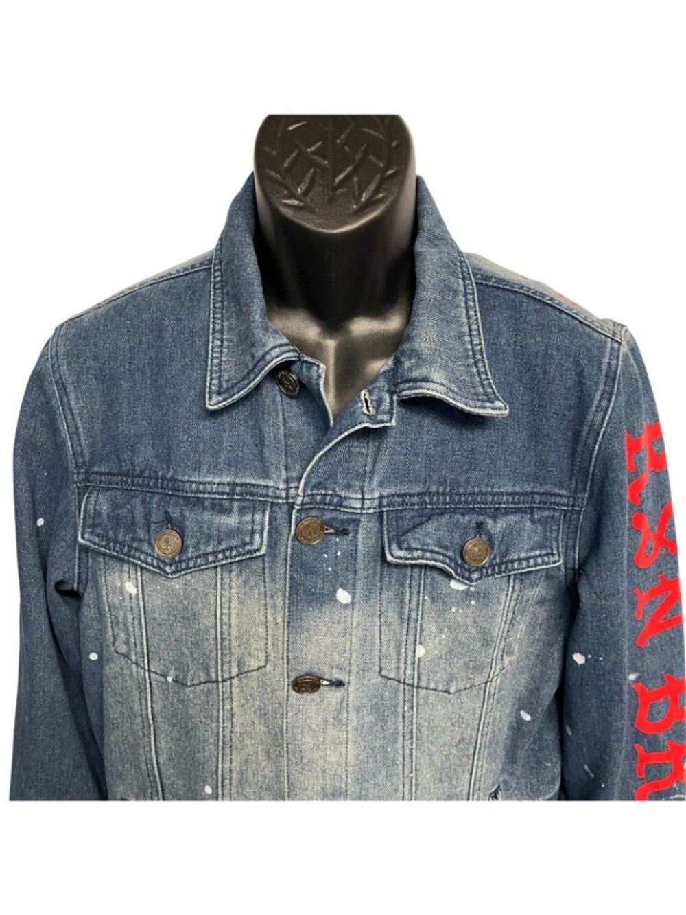 Reason Denim Jean Jacket Distressed Bleached Print Graphics Size Medium - Picture 4 of 9